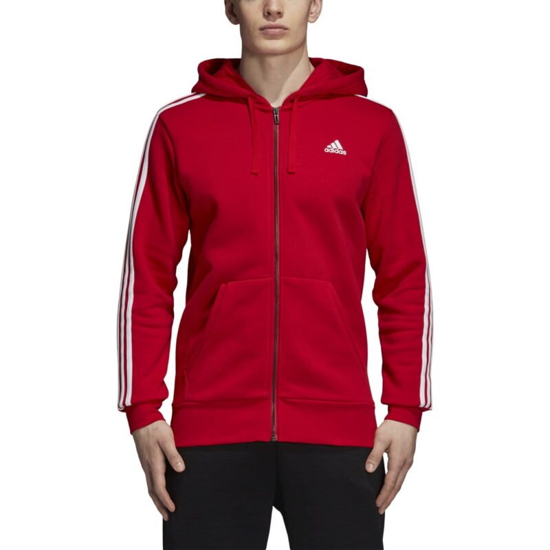 Adidas vyriškas raudonas džemperis su gobtuvu CZ7357 – su baltomis juostelėmis, užtrauktuku ir FLEECE vidumi, skirtas sportui ir laisvalaikiui.