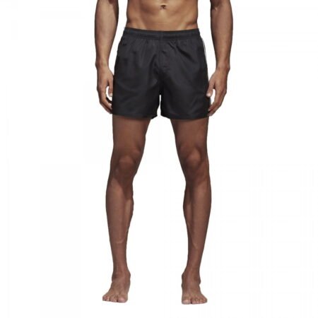Adidas 3-Stripes Swim Shorts CV5137 vyriški juodi maudymosi šortai su baltomis juostelėmis – patogūs, greitai džiūstantys, su tinkliniu pamušalu.