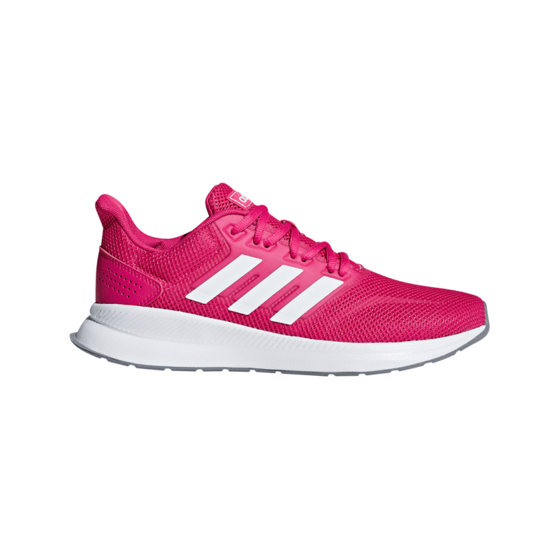 Adidas moteriški bėgimo batai Runfalcon F36219 rožiniai su baltu padu ir baltomis juostelėmis.