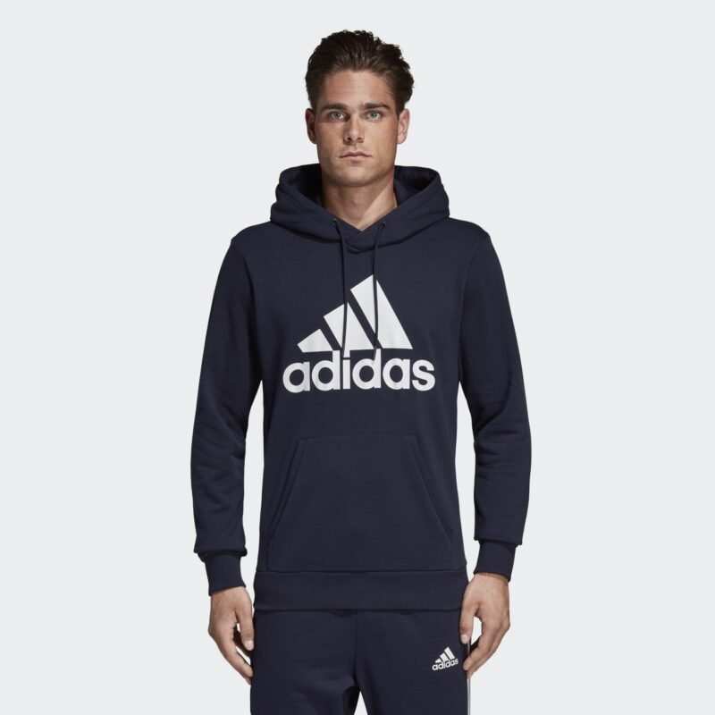 Adidas vyriškas džemperis Must Haves BOS Hoodie DT9943 – mėlynas su baltu logotipu.