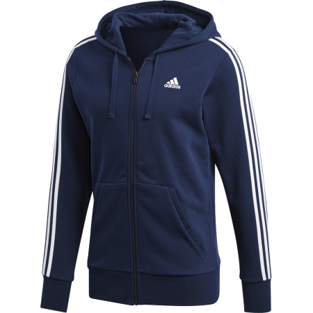 Adidas vyrams mėlynas džemperis Essentials 3-Stripes Hoodie S98787 su gobtuvu, pilnu užtrauktuku ir baltomis juostelėmis – patogus ir stilingas pasirinkimas kiekvienai dienai.