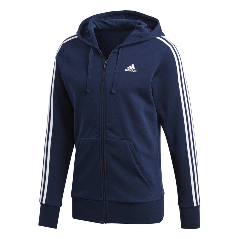 Adidas vyrams mėlynas džemperis Essentials 3-Stripes Hoodie S98787 su gobtuvu, pilnu užtrauktuku ir baltomis juostelėmis – patogus ir stilingas pasirinkimas kiekvienai dienai.