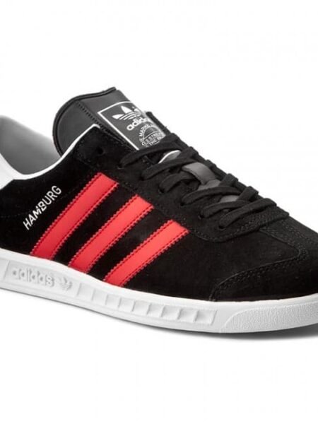 Adidas Originals Hamburg vyriški juodi batai BB5300 su raudonomis juostelėmis ir baltu padu, pagaminti iš verstos odos.
