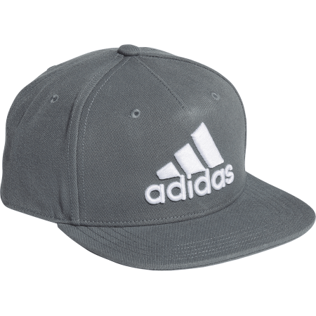 Pilka Adidas kepurė su baltu 3D logotipu ir tiesiu snapeliu – unisex modelis GM6298.