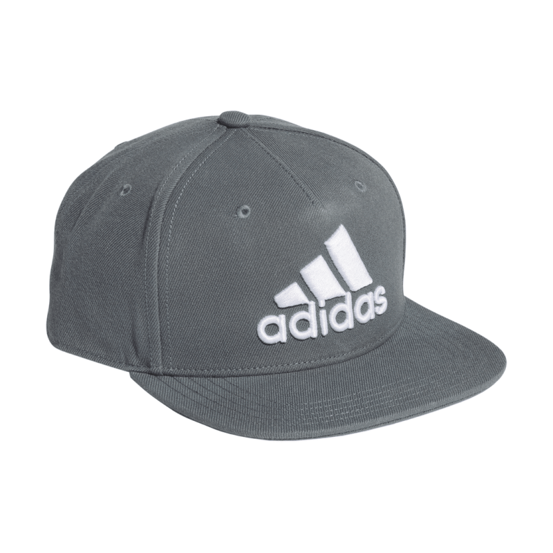 Pilka Adidas kepurė su baltu 3D logotipu ir tiesiu snapeliu – unisex modelis GM6298.