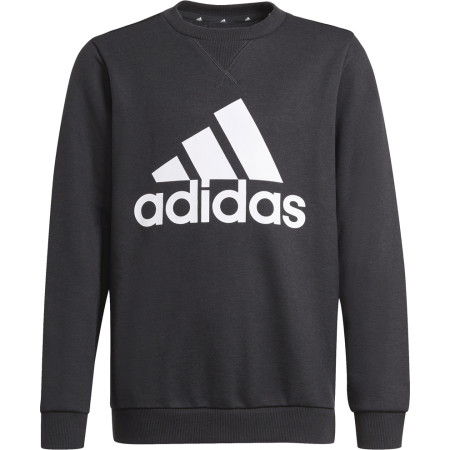 Juodas Adidas vaikiškas džemperis GN4029 su baltu logotipu ant krūtinės, be gobtuvo, iš kilpinio audinio.