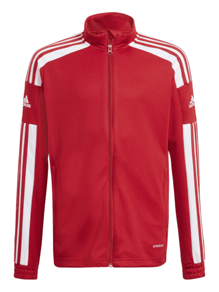 Adidas vaikiškas raudonas džemperis su baltomis juostelėmis ir užtrauktuku, modelis GP6458