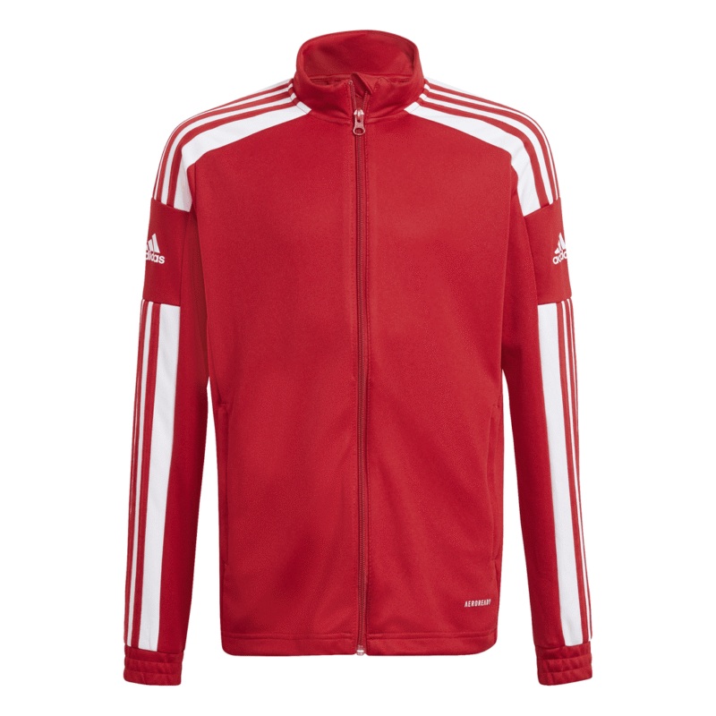 Adidas vaikiškas raudonas džemperis su baltomis juostelėmis ir užtrauktuku, modelis GP6458