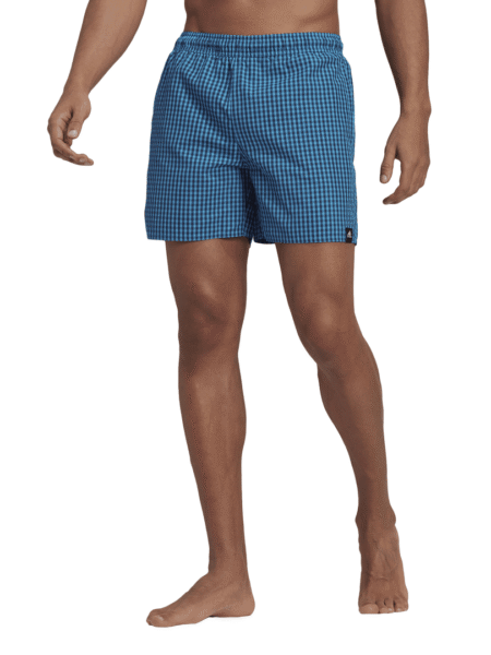 Adidas mėlyni vyriški maudymosi šortai Check Swim Shorts GQ1111 su elastingu juosmeniu, tinkliniu pamušalu ir užsegama galine kišene.