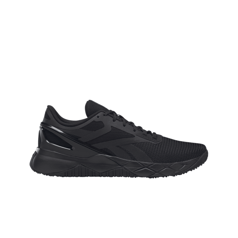 Vyriški juodi Reebok Nanoflex TR G58945 treniruočių batai su tinkline viršutine dalimi, amortizuojančiu vidpadžiu ir guminiu neslystančiu padu.