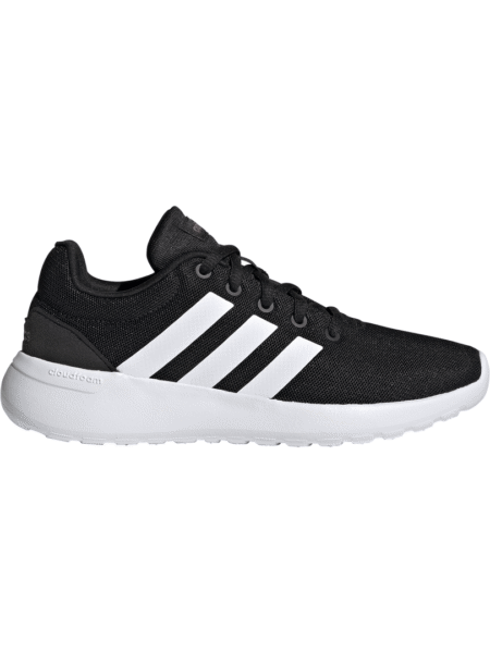 uodi Adidas vaikiški batai Lite Racer CLN 2.0 K GZ7739 su baltomis juostomis ir baltu padu, kvėpuojančiu tinkliniu batviršiu bei Cloudfoam padu.