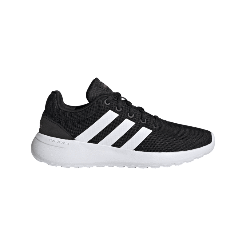 uodi Adidas vaikiški batai Lite Racer CLN 2.0 K GZ7739 su baltomis juostomis ir baltu padu, kvėpuojančiu tinkliniu batviršiu bei Cloudfoam padu.