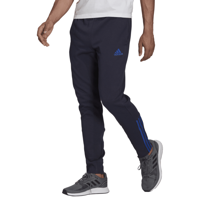 Vyriškos mėlynos Adidas 3-Stripes M Double Knit Pants H12210 sportinės kelnės su trimis baltais šonų juostelėmis ir elastingais manžetais.