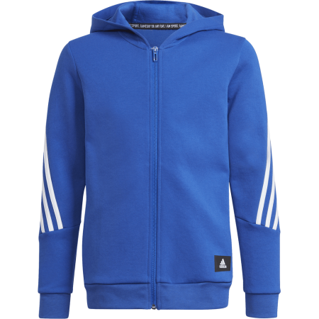 Vaikiškas mėlynas Adidas džemperis su gobtuvu H26636, su pilnu užtrauktuku ir baltomis juostelėmis – puikiai tinka sportui ir laisvalaikiui.