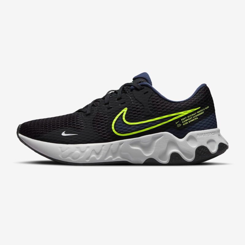 Nike vyriški bėgimo batai Renew Ride 2 CU3507-001 – mėlynos spalvos su baltu padu ir salotiniais logotipais, iš tinklinės medžiagos.