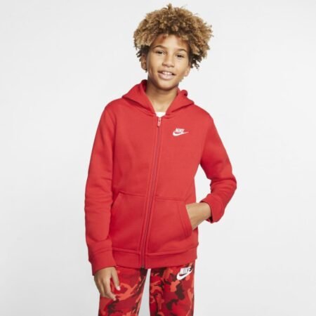 Nike vaikiškas raudonas džemperis su gobtuvu Sportswear Club BV3699-657 – šiltas fleece modelis vaikams