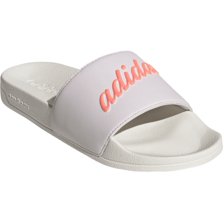 Smėlio spalvos moteriškos šlepetės Adidas Adilette Shower Slide GZ5925, su oranžiniu logotipu, greitai džiūstančios, skirtos baseinui ir paplūdimiui.
