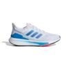 Adidas EQ21 Run GZ0601 vyriški balti bėgimo bateliai su mėlynomis juostelėmis, Bounce vidpadžiu ir FORGEDMESH viršumi.