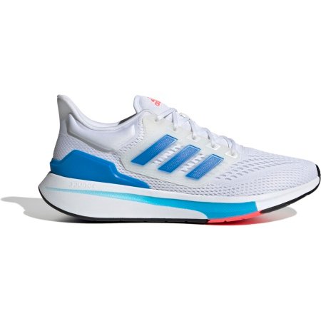 Adidas EQ21 Run GZ0601 vyriški balti bėgimo bateliai su mėlynomis juostelėmis, Bounce vidpadžiu ir FORGEDMESH viršumi.