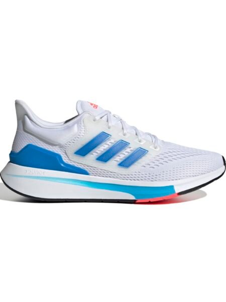 Adidas EQ21 Run GZ0601 vyriški balti bėgimo bateliai su mėlynomis juostelėmis, Bounce vidpadžiu ir FORGEDMESH viršumi.