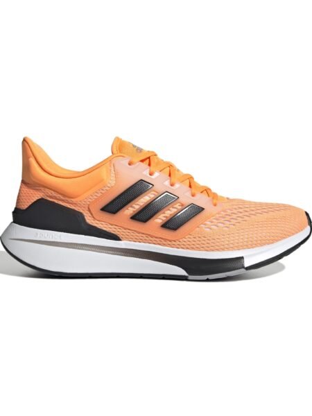 Adidas oranžiniai vyriški bėgimo bateliai EQ21 Run GZ6869 su baltu padu ir juodomis 3 juostelėmis, skirti aktyviam judėjimui.
