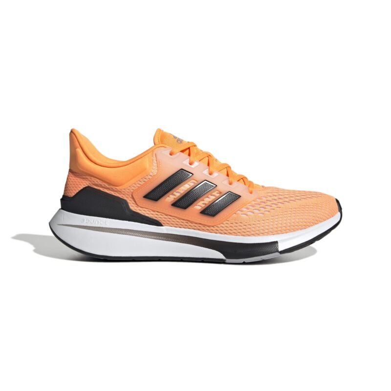 Adidas oranžiniai vyriški bėgimo bateliai EQ21 Run GZ6869 su baltu padu ir juodomis 3 juostelėmis, skirti aktyviam judėjimui.