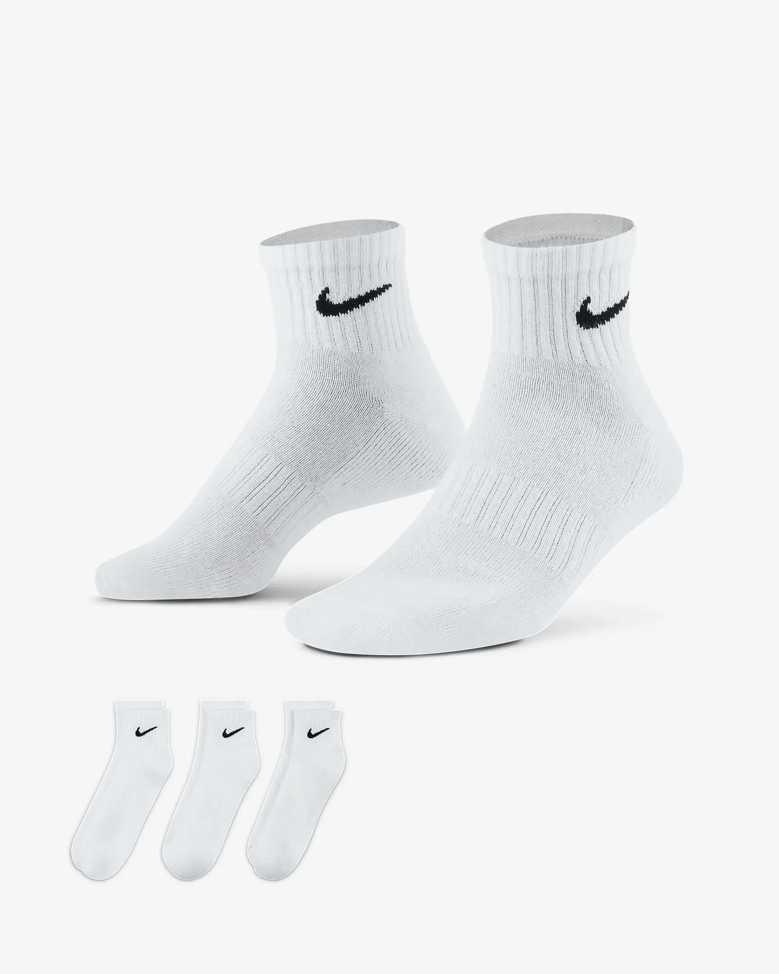 Baltos sportinės kojinės virš kauliuko Nike Everyday Cushioned Ankle, 3 poros, modelio kodas SX7667-100.