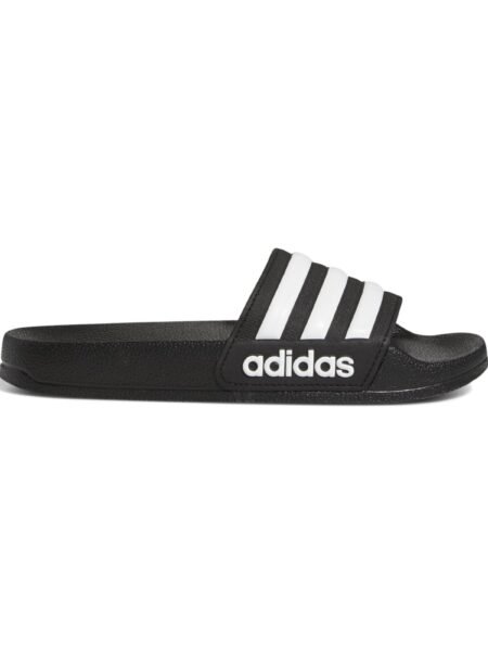 Adidas juodos vaikiškos šlepetės su baltomis juostelėmis Adilette Shower K G27625.