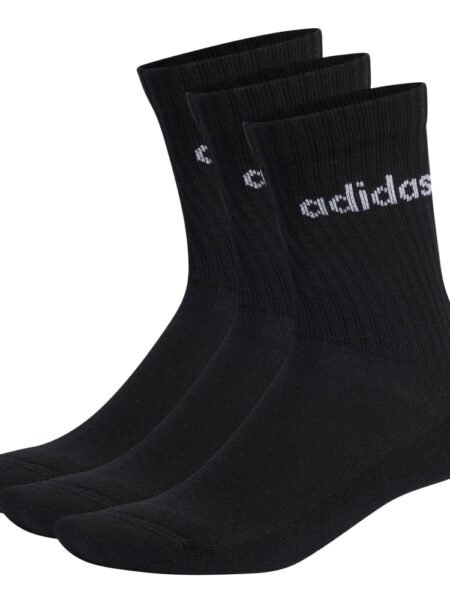 Adidas ilgos juodos kojinės Linear Crew Cushioned IC1301 – 3 porų rinkinys su minkštu padu ir logotipu.