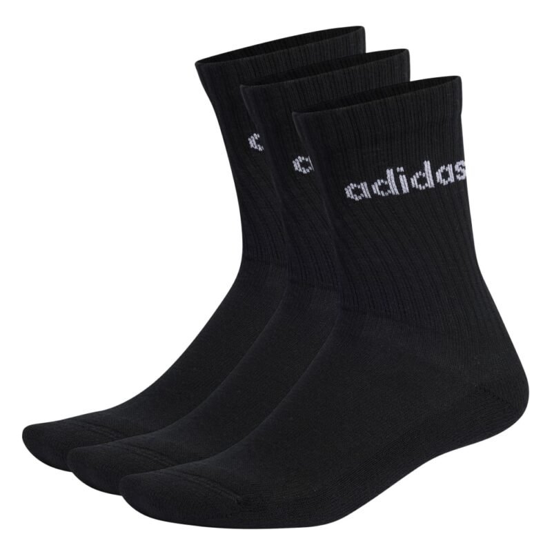 Adidas ilgos juodos kojinės Linear Crew Cushioned IC1301 – 3 porų rinkinys su minkštu padu ir logotipu.