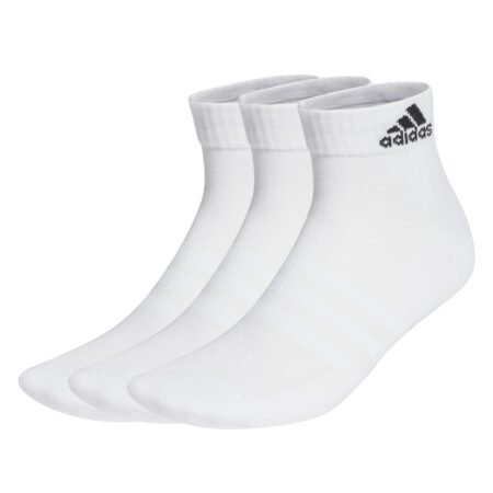 Adidas Cushioned Sportswear Ankle Socks HT3441 – baltos trumpos sportinės kojinės (3 poros), unisex modelis, kilpinis padas, tvarios medžiagos.