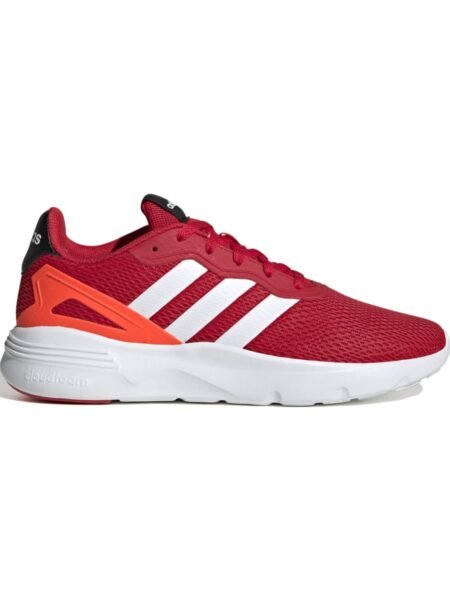 Adidas Nebzed HP7865 raudoni vyriški sportbačiai su baltomis 3 juostelėmis ir baltu padu.