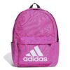 Adidas Classic Backpack BOS HR9812 rožinė kuprinė su baltu logotipu ir šoninėmis kišenėmis.