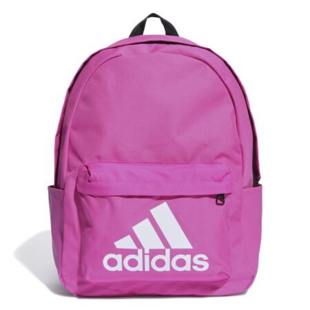 Adidas Classic Backpack BOS HR9812 rožinė kuprinė su baltu logotipu ir šoninėmis kišenėmis.