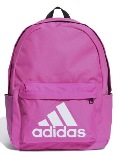 Adidas Classic Backpack BOS HR9812 rožinė kuprinė su baltu logotipu ir šoninėmis kišenėmis.