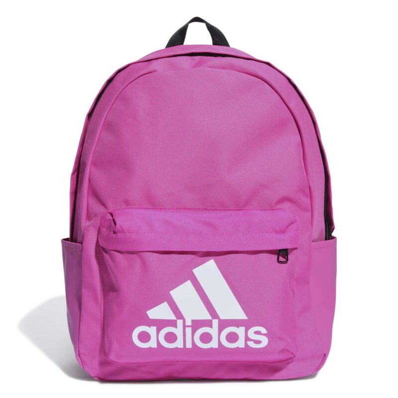 Adidas Classic Backpack BOS HR9812 rožinė kuprinė su baltu logotipu ir šoninėmis kišenėmis.