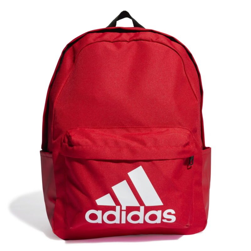 Raudona Adidas kuprinė BOS IL5809 su baltu logotipu, paminkštintomis petnešomis ir keliomis kišenėmis.