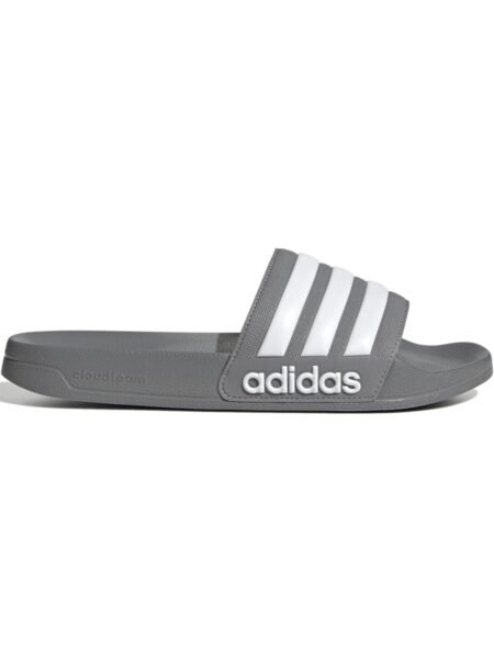 Pilkos spalvos Adidas vyriškos šlepetės su baltomis 3 juostelėmis, modelis Adilette Shower Slide GY1891.