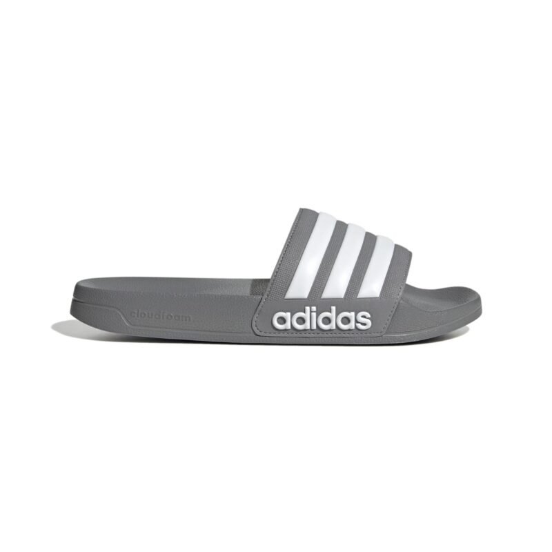 Pilkos spalvos Adidas vyriškos šlepetės su baltomis 3 juostelėmis, modelis Adilette Shower Slide GY1891.