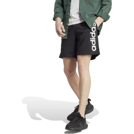 Adidas vyriški sportiniai šortai M Linear SJ Shorts IC0062 – juodos spalvos šortai su baltu Adidas logotipu, tampriu juosmeniu ir dviem šoninėmis kišenėmis.