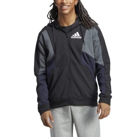 Adidas vyriškas džemperis su gobtuvu Essentials Colorblock Full-Zip Hoodie HY5936 – juodas, pilkas ir mėlynas šiltas fleece džemperis vyrams