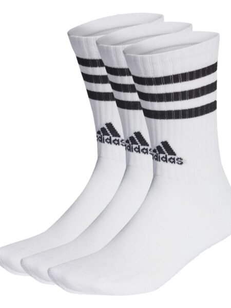 Adidas baltos unisex kojinės su juodais logotipu ir 3 juostelėmis – 3 porų rinkinys HT3458