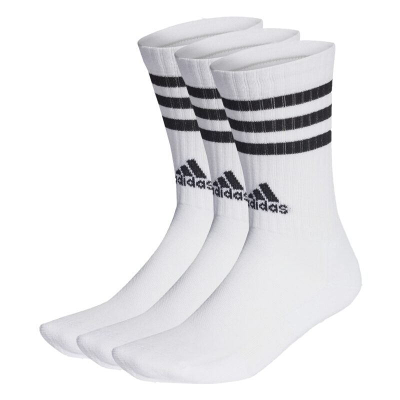 Adidas baltos unisex kojinės su juodais logotipu ir 3 juostelėmis – 3 porų rinkinys HT3458