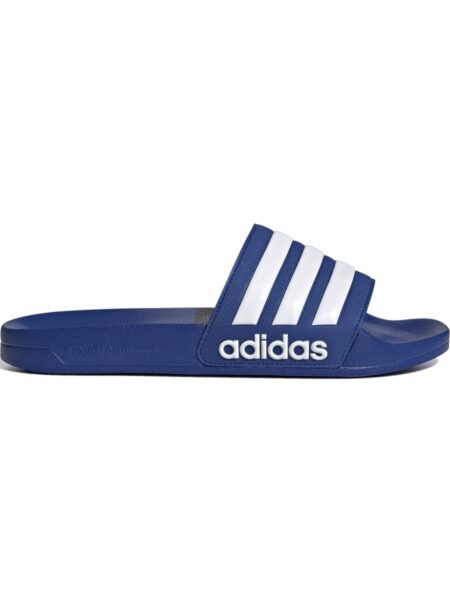 Mėlynos Adidas Adilette Shower GW1048 šlepetės su baltomis 3 juostomis ir logotipu, skirtos baseinui ar paplūdimiui.