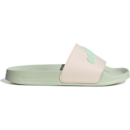 Rožinės ir žalios spalvos moteriškos šlepetės Adidas Adilette Shower Slide GZ9507, greitai džiūstančios, skirtos baseinui ir paplūdimiui.