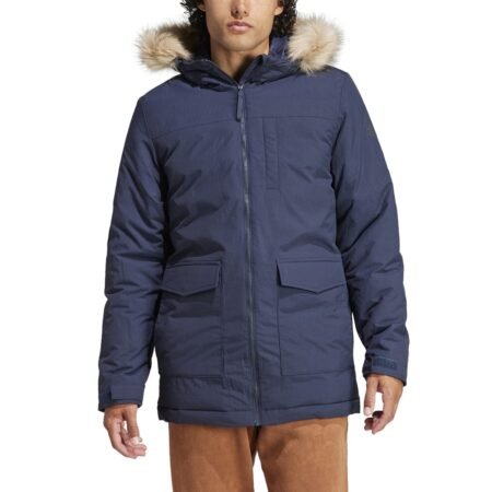 Adidas Utilitas Hooded Fur Parka Jacket IK0552 vyriška žieminė striukė su gobtuvu ir dirbtiniu kailiu, mėlyna spalva