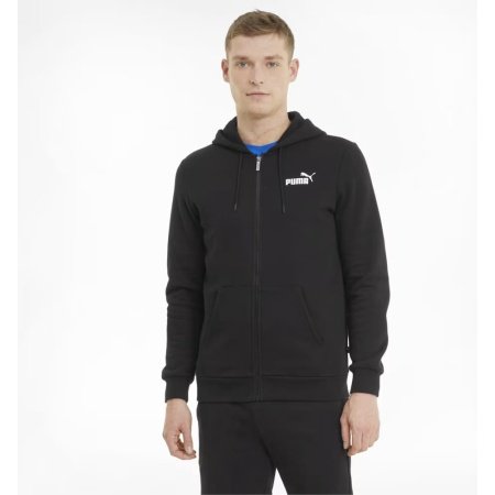Puma vyriškas juodas džemperis su gobtuvu ir pilnu užtrauktuku, pašiltintas flisu, laisvo kirpimo – idealus laisvalaikiui ir treniruotėms. Essentials Full-Zip Logo Men's Hoodie FL 586702-51