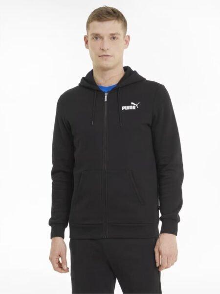 Puma vyriškas juodas džemperis su gobtuvu ir pilnu užtrauktuku, pašiltintas flisu, laisvo kirpimo – idealus laisvalaikiui ir treniruotėms. Essentials Full-Zip Logo Men's Hoodie FL 586702-51