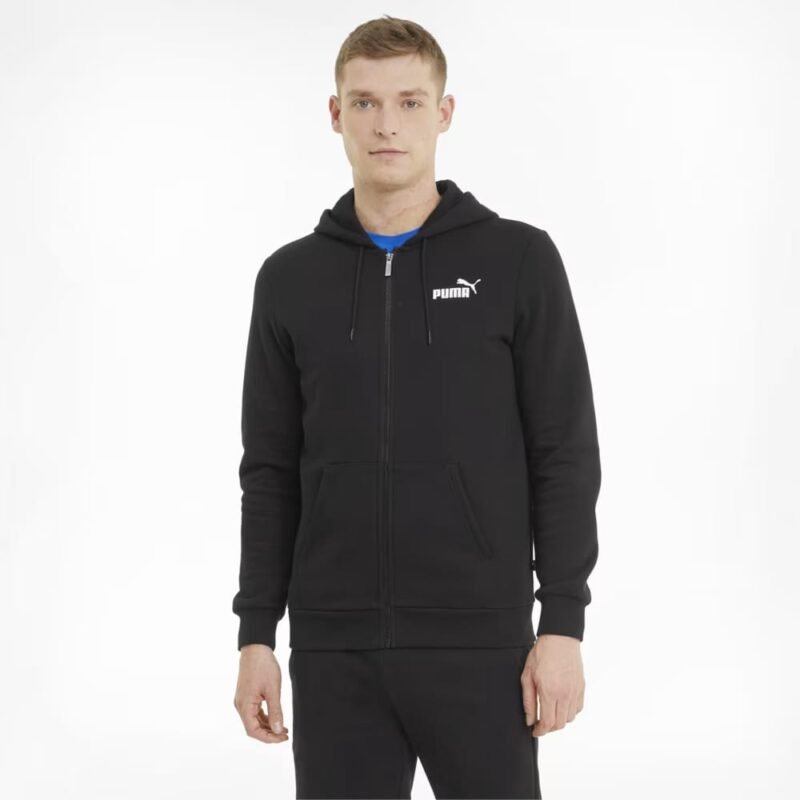 Puma vyriškas juodas džemperis su gobtuvu ir pilnu užtrauktuku, pašiltintas flisu, laisvo kirpimo – idealus laisvalaikiui ir treniruotėms. Essentials Full-Zip Logo Men's Hoodie FL 586702-51