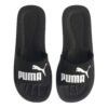 Puma vyriškos juodos šlepetės Purecat Slide 360262-01 su baltu logotipu – sintetinės, įspiriamos, baseinui ir laisvalaikiui.